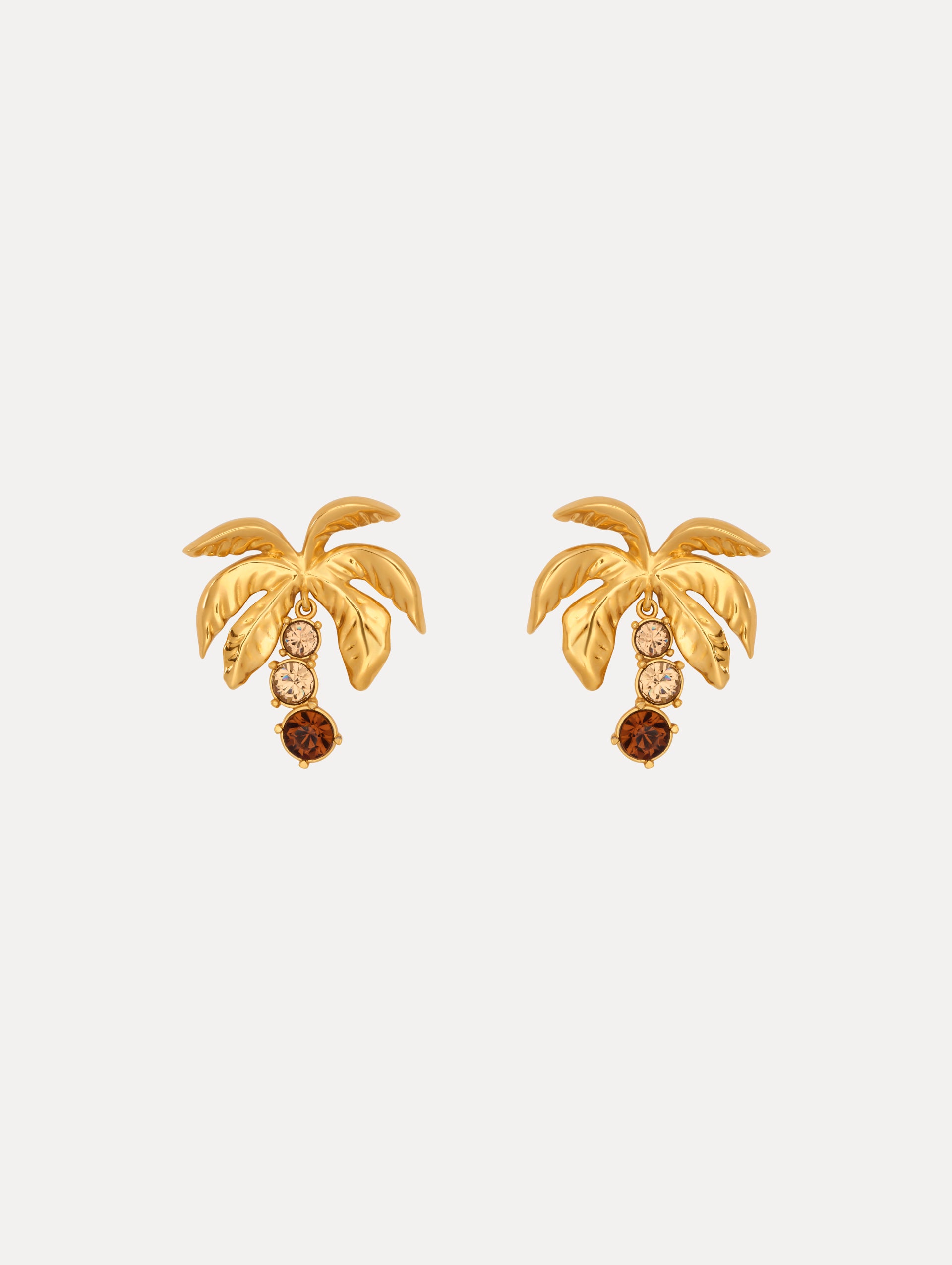 Gold Palm Tree Clip on Earrings with Crystal Trunks