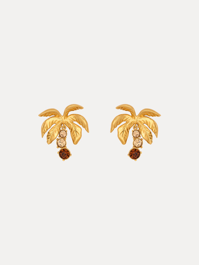 Gold Palm Tree Clip on Earrings with Crystal Trunks
