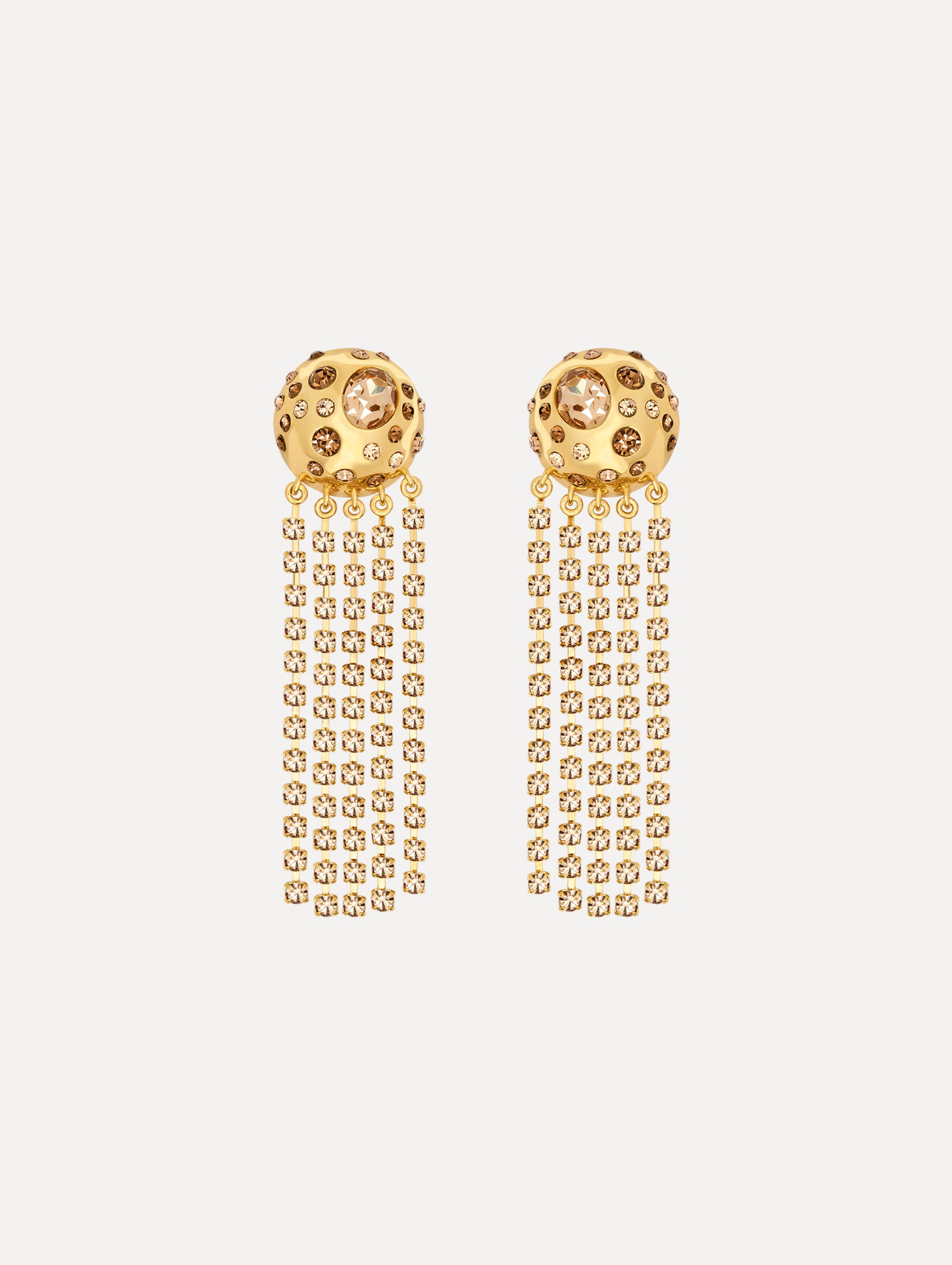 The Crystal Fringe Chandelier Earrings in Gold. Front View.