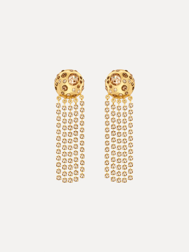 The Crystal Fringe Chandelier Earrings in Gold. Front View.