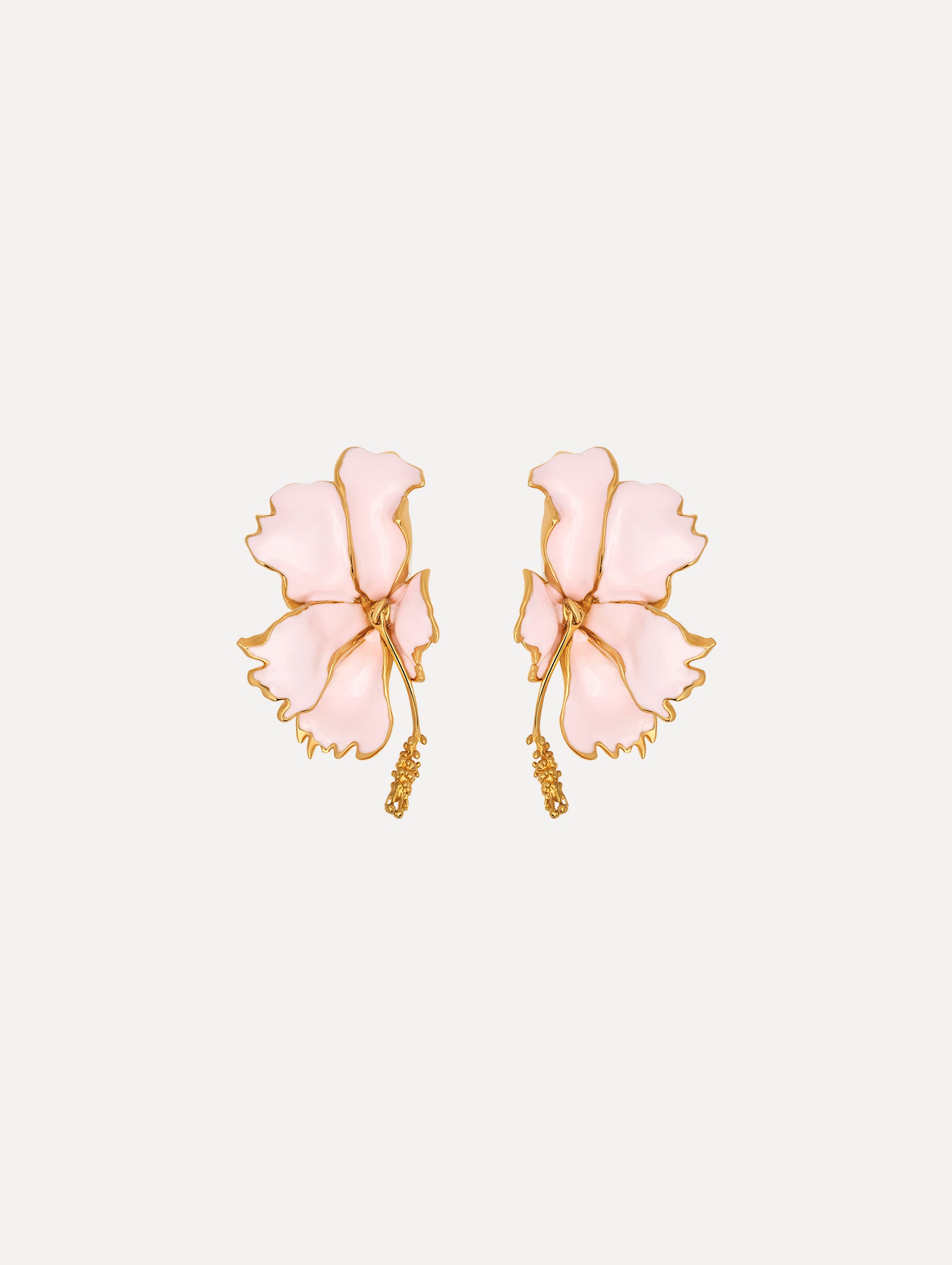The Enamel Folded Hibiscus Clip-On Earrings in Light Pink. Front View.