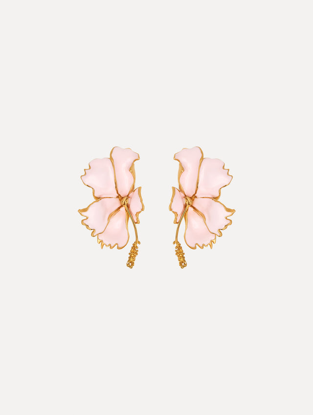 The Enamel Folded Hibiscus Clip-On Earrings in Light Pink. Front View.