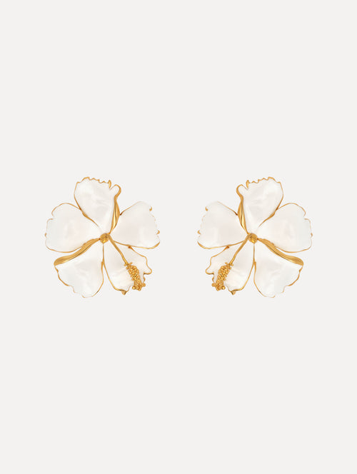 The Enamel Hibiscus Clip-On Earrings in White. Front View.