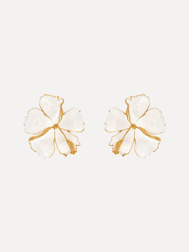 The Enamel Hibiscus Clip-On Earrings in White. Front View.