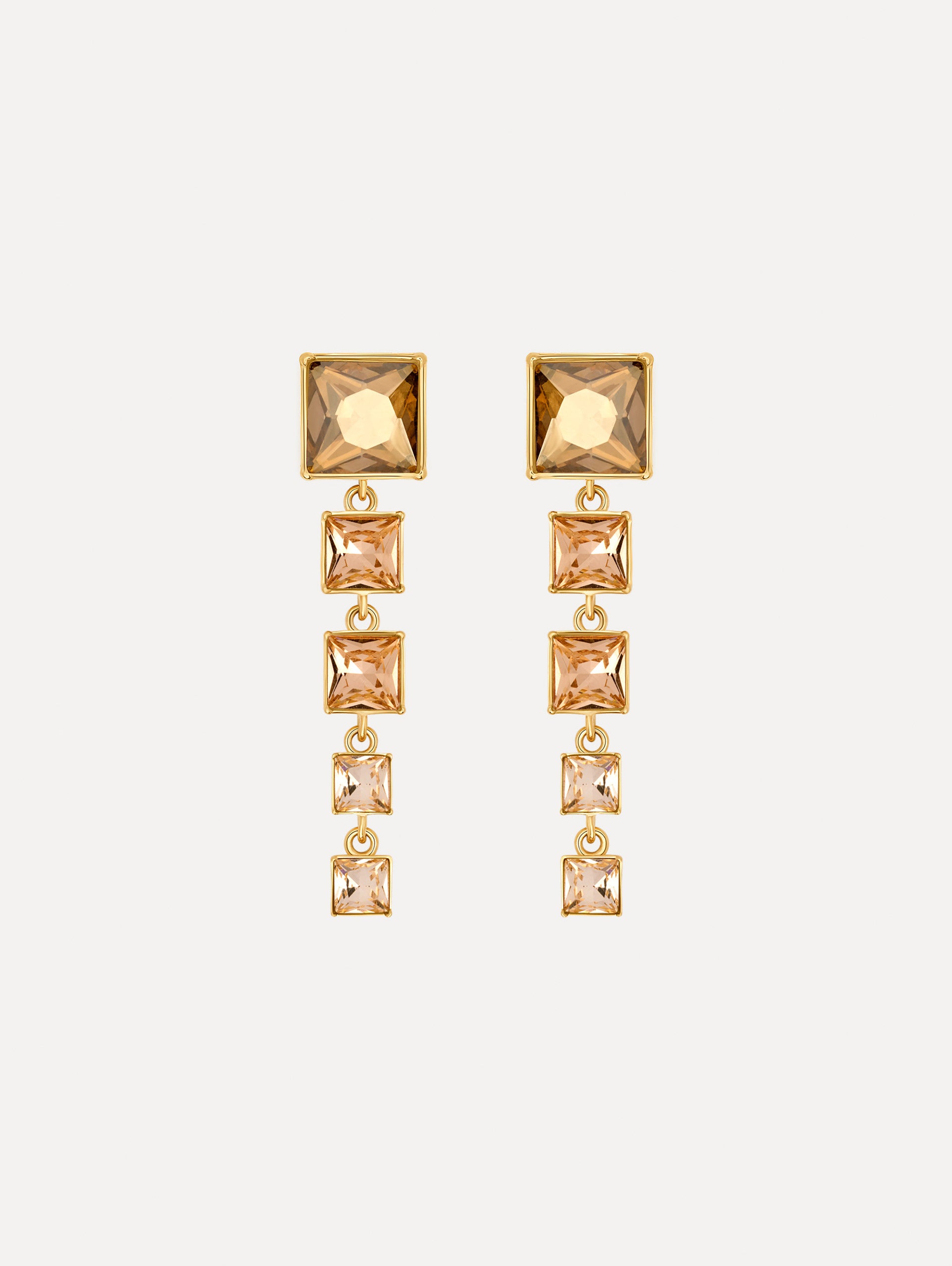 The Square-Cut Rhinestone Drop Earrings in Gold. Front View.