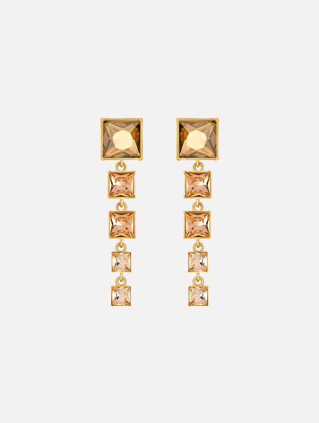 The Square-Cut Rhinestone Drop Earrings in Gold. Front View.