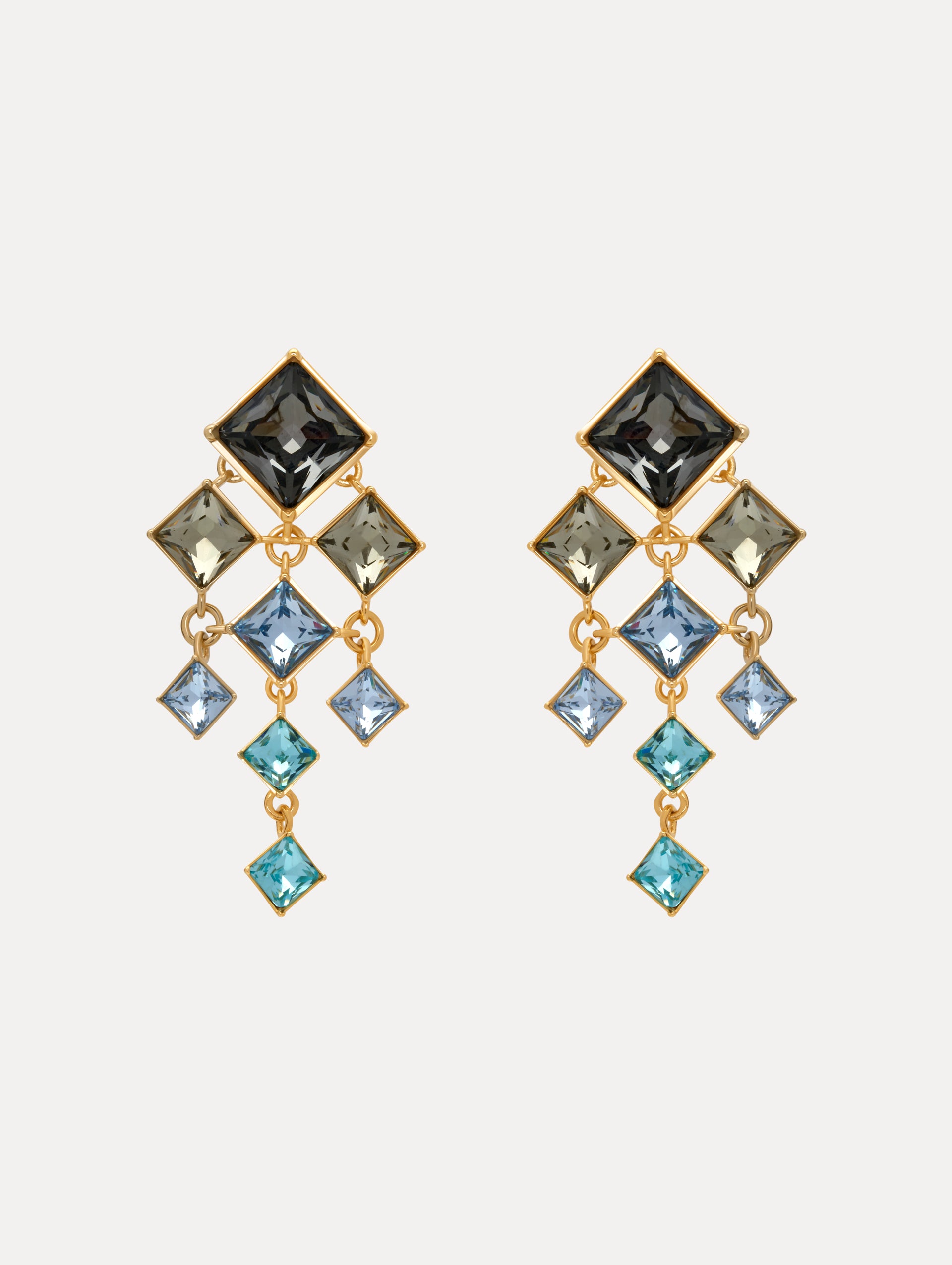 Square-Cut Chandelier Clip-On Earrings in Blue. Front View.