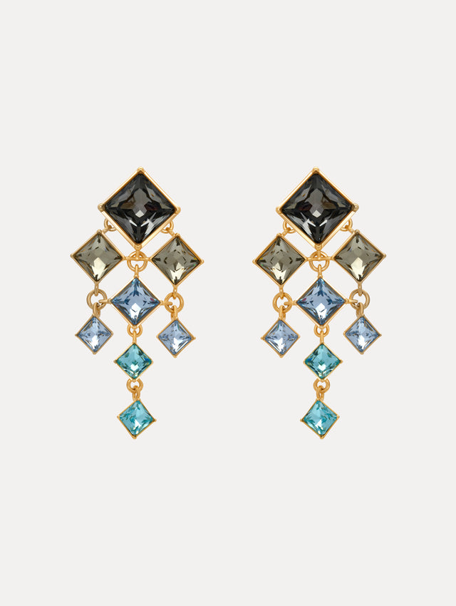 Square-Cut Chandelier Clip-On Earrings in Blue. Front View.