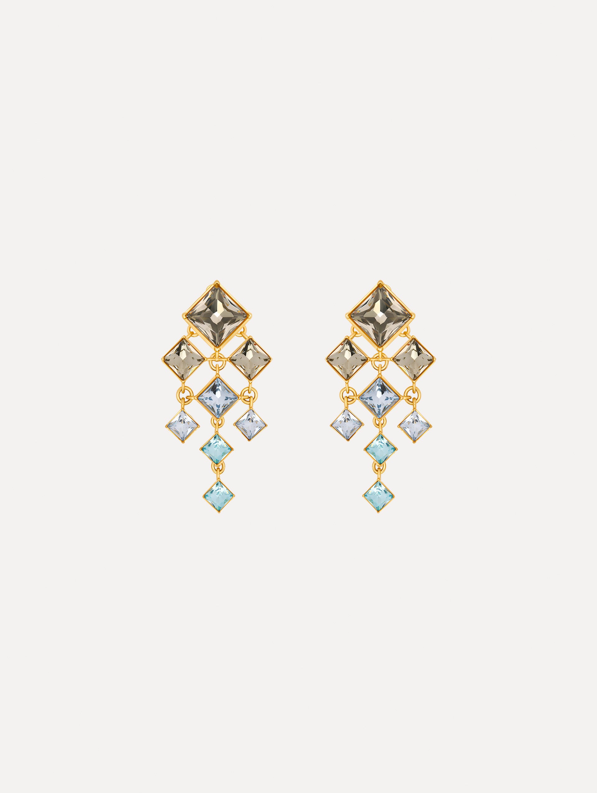 The Square-Cut Rhinestone Chandelier Clip-On Earrings in Sapphire Blue. Front View.