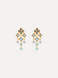 The Square-Cut Rhinestone Chandelier Clip-On Earrings in Sapphire Blue. Front View.