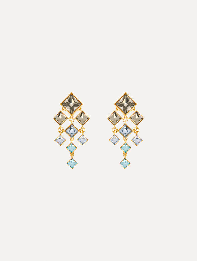The Square-Cut Rhinestone Chandelier Clip-On Earrings in Sapphire Blue. Front View.