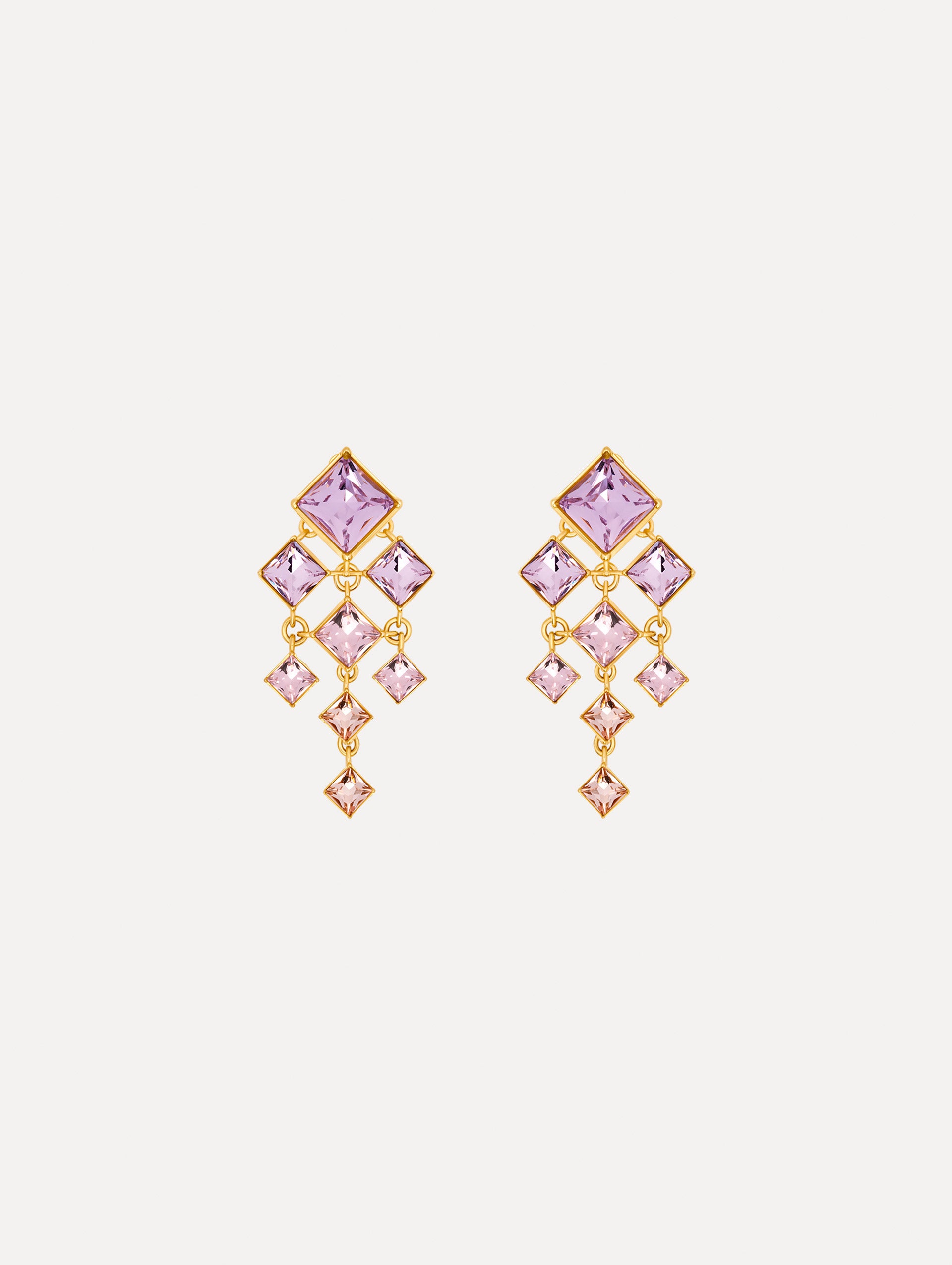 The Square-Cut Rhinestone Chandelier Clip-On Earrings in Violet. Front View.