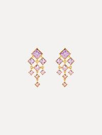 The Square-Cut Rhinestone Chandelier Clip-On Earrings in Violet. Front View.
