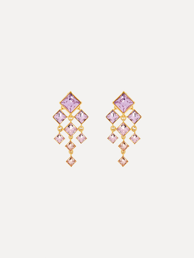 The Square-Cut Rhinestone Chandelier Clip-On Earrings in Violet. Front View.