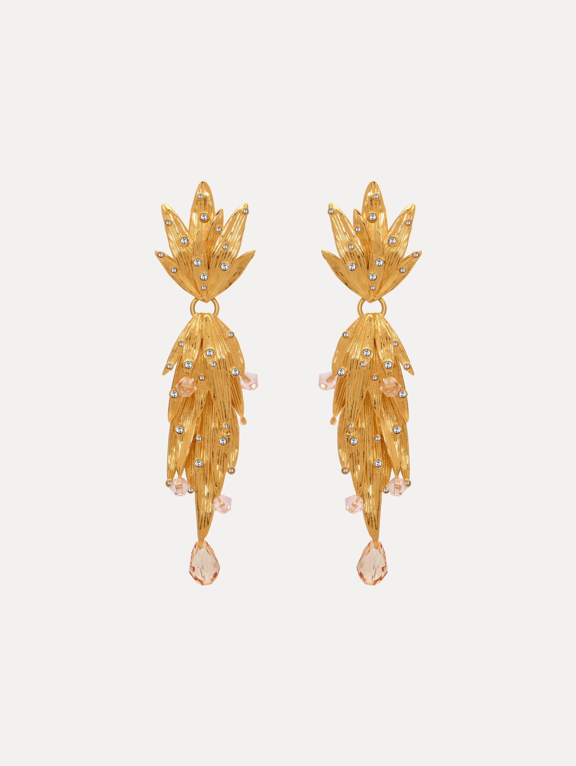 Gold Palm Leaf, Hanging Clip on Earrings. Front View.