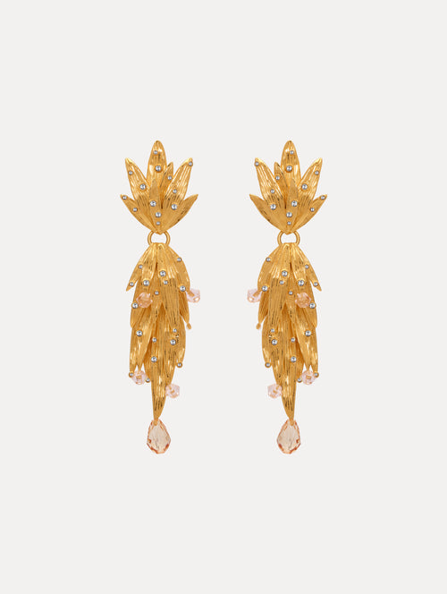 Gold Palm Leaf, Hanging Clip on Earrings. Front View.