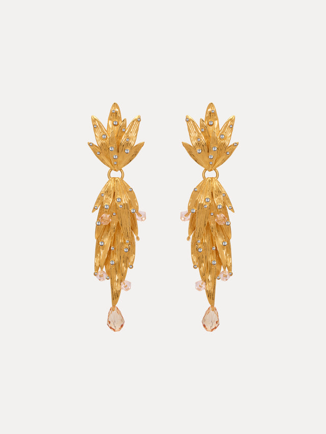 Gold Palm Leaf, Hanging Clip on Earrings. Front View.