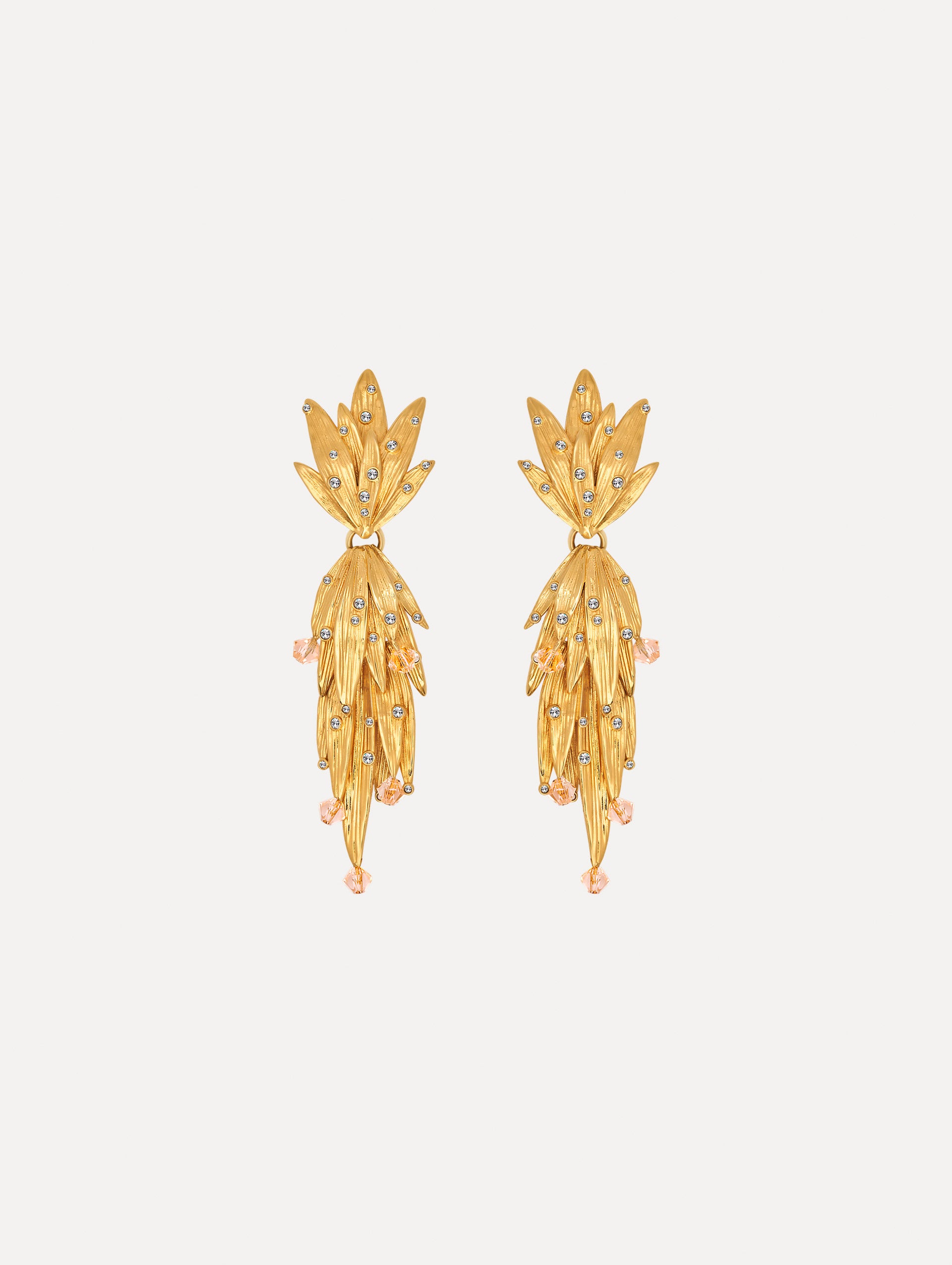 The Palm Leaf Clip-On Earrings in Gold with Crystal Accents. Front View.