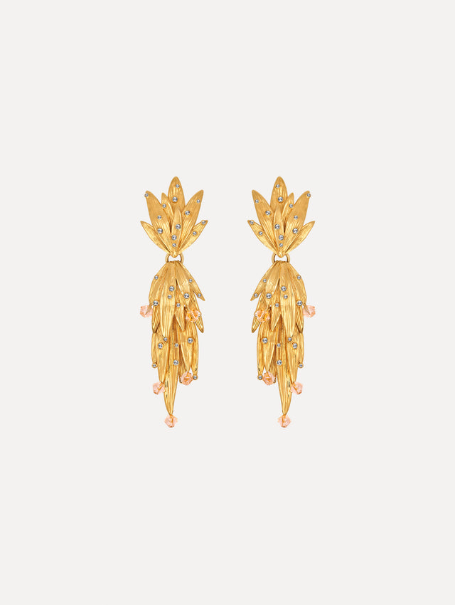 The Palm Leaf Clip-On Earrings in Gold with Crystal Accents. Front View.