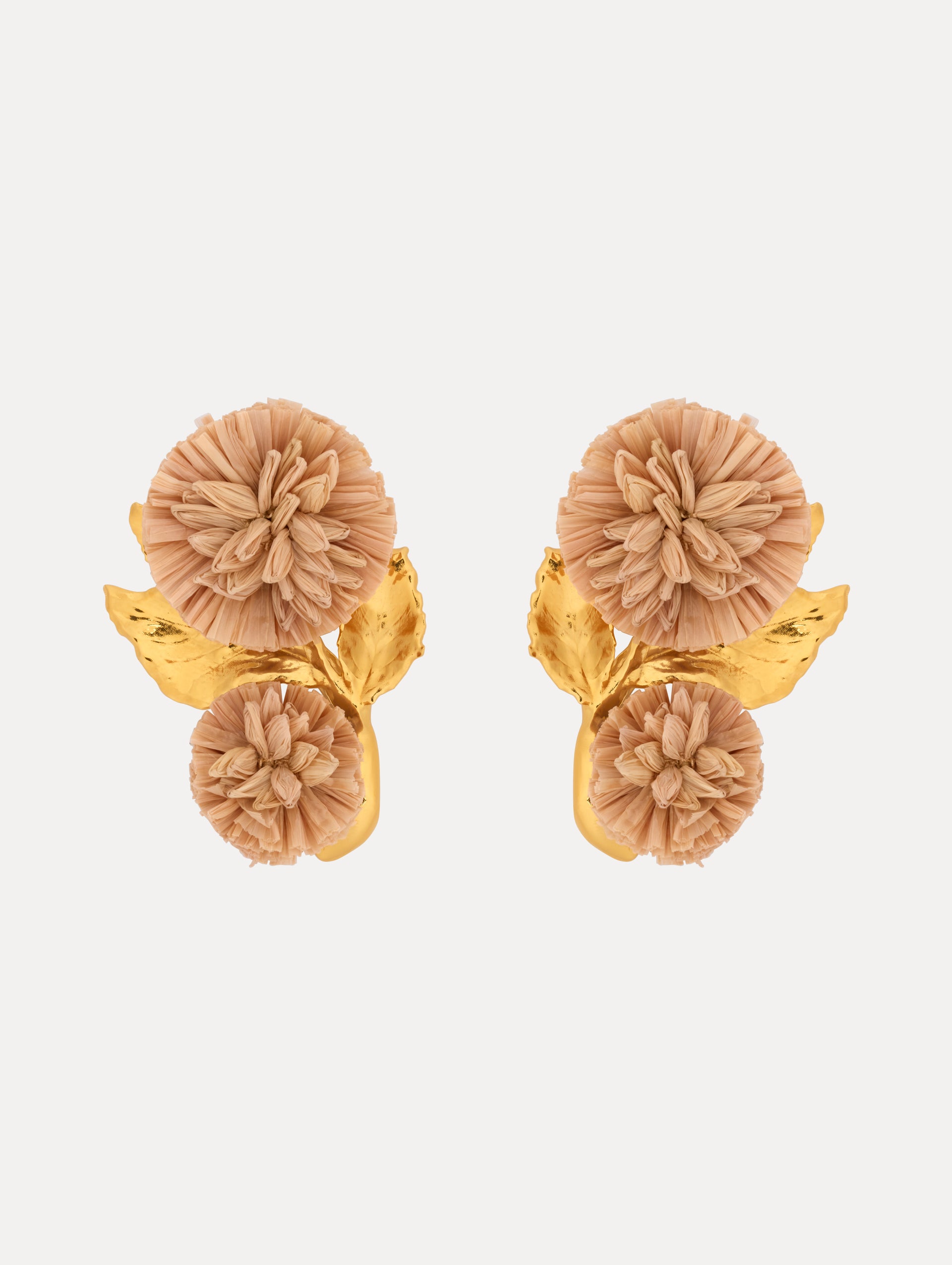 Clip on Earrings, Gold Stem and Leaves with Raffia flowers. Front View.
