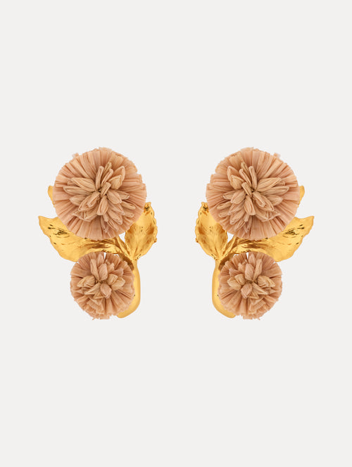 Clip on Earrings, Gold Stem and Leaves with Raffia flowers. Front View.