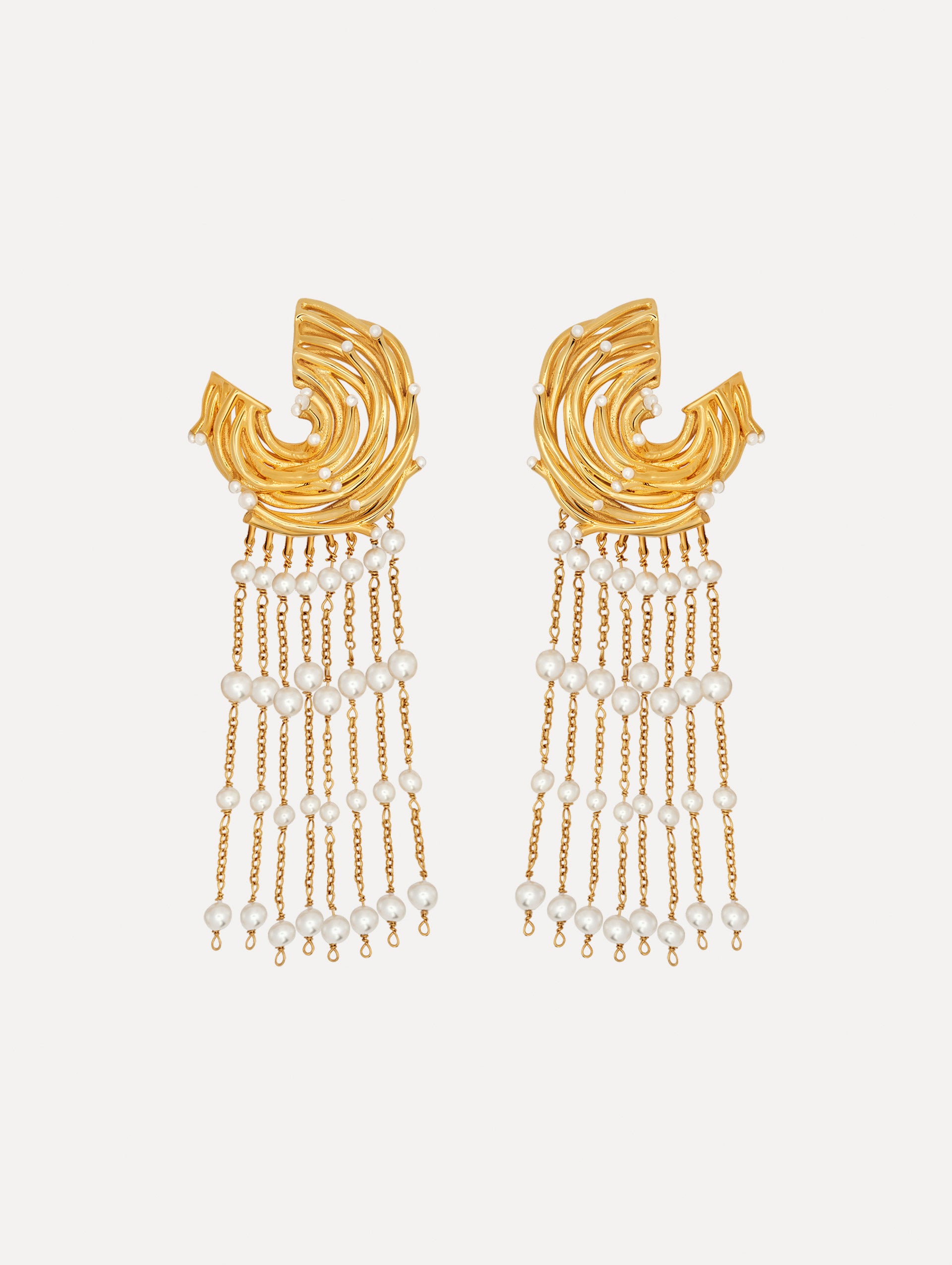 The Pearl Nest Chandelier Clip-On Earrings in Gold. Front View.