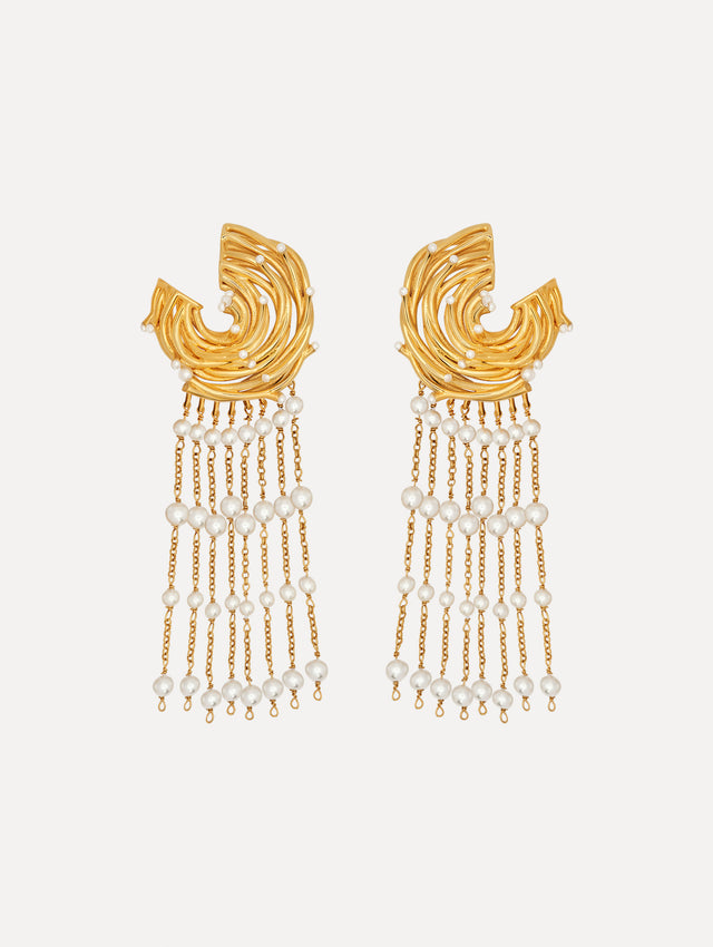 The Pearl Nest Chandelier Clip-On Earrings in Gold. Front View.