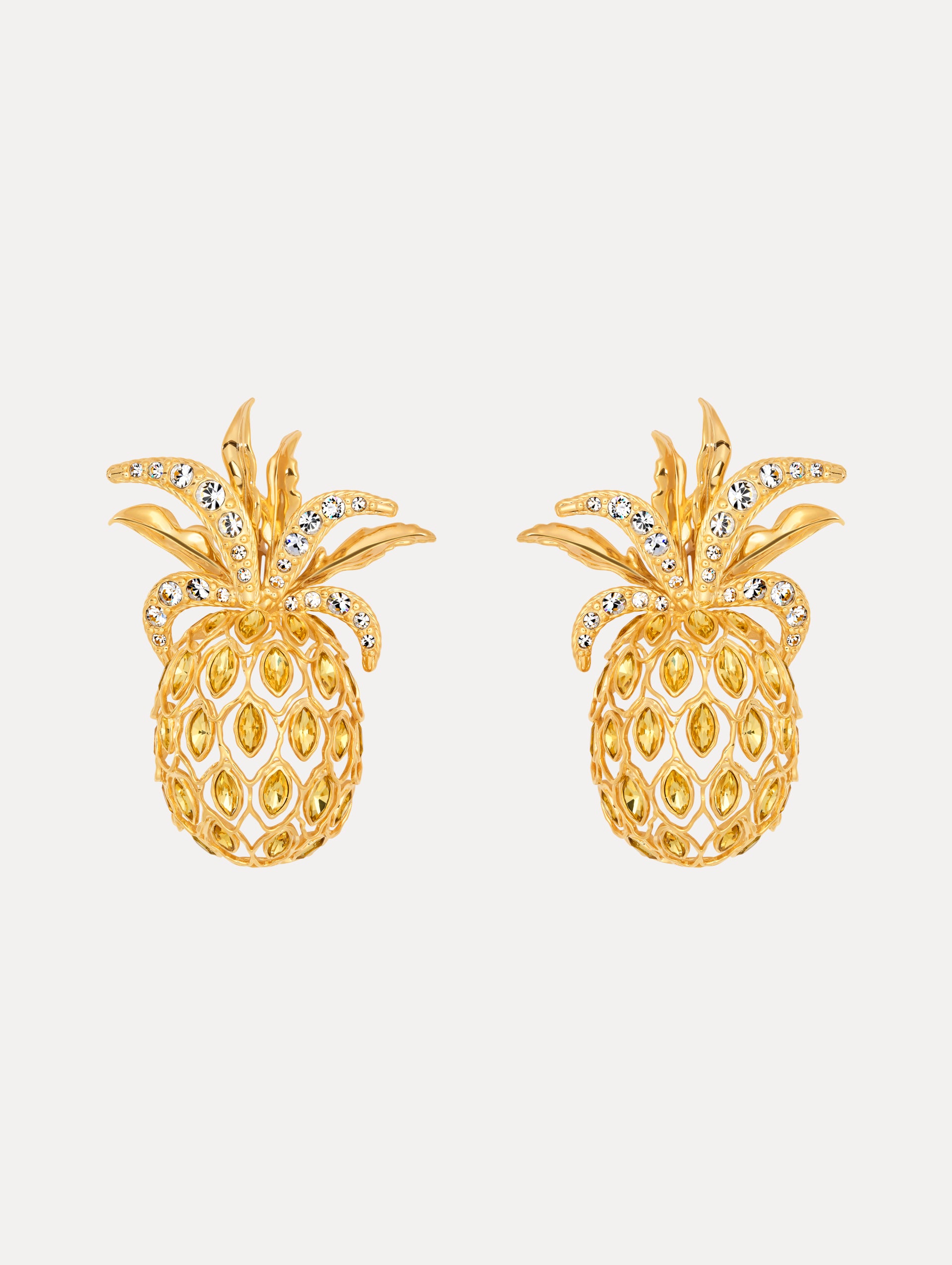 Gold Pineapple Clip-On Earrings with Crystal Detailing.