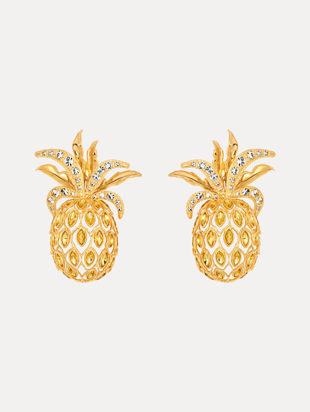Gold Pineapple Clip-On Earrings with Crystal Detailing.