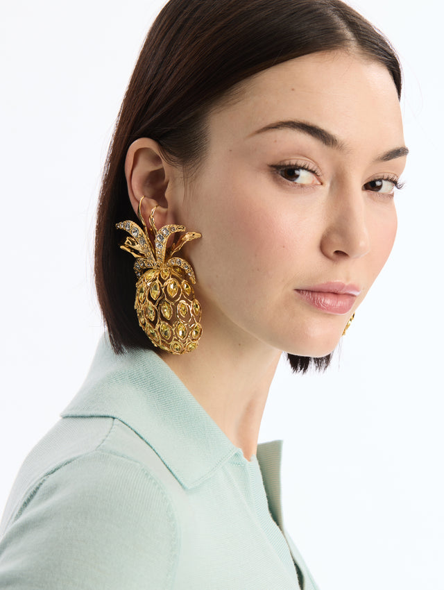 Gold Pineapple Clip-On Earrings with Crystal Detailing.