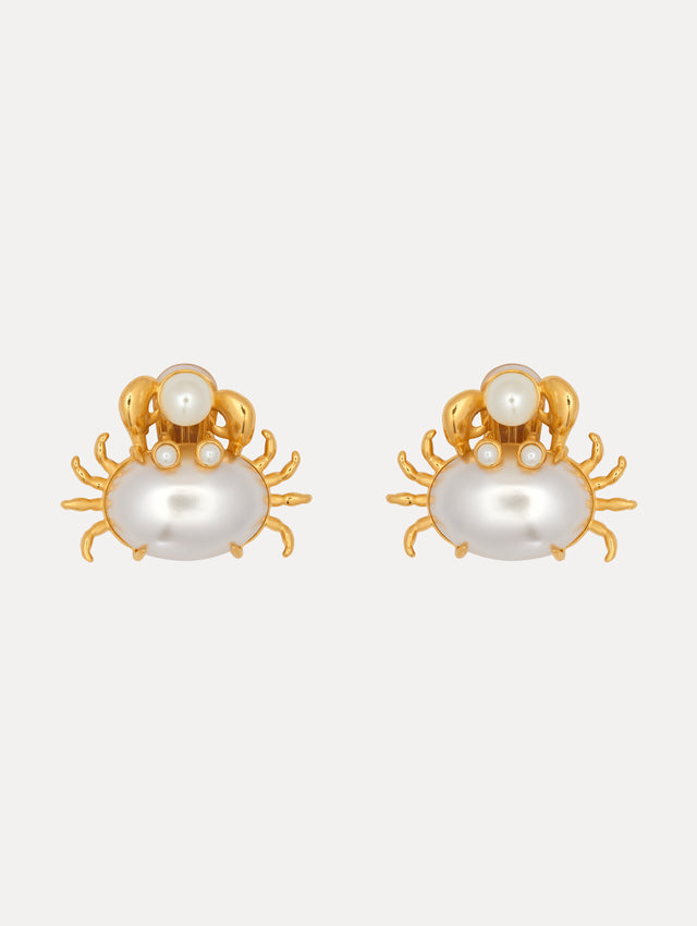 Gold Crab with pearl Shell holding Pearl Post Back Earrings. Front View.
