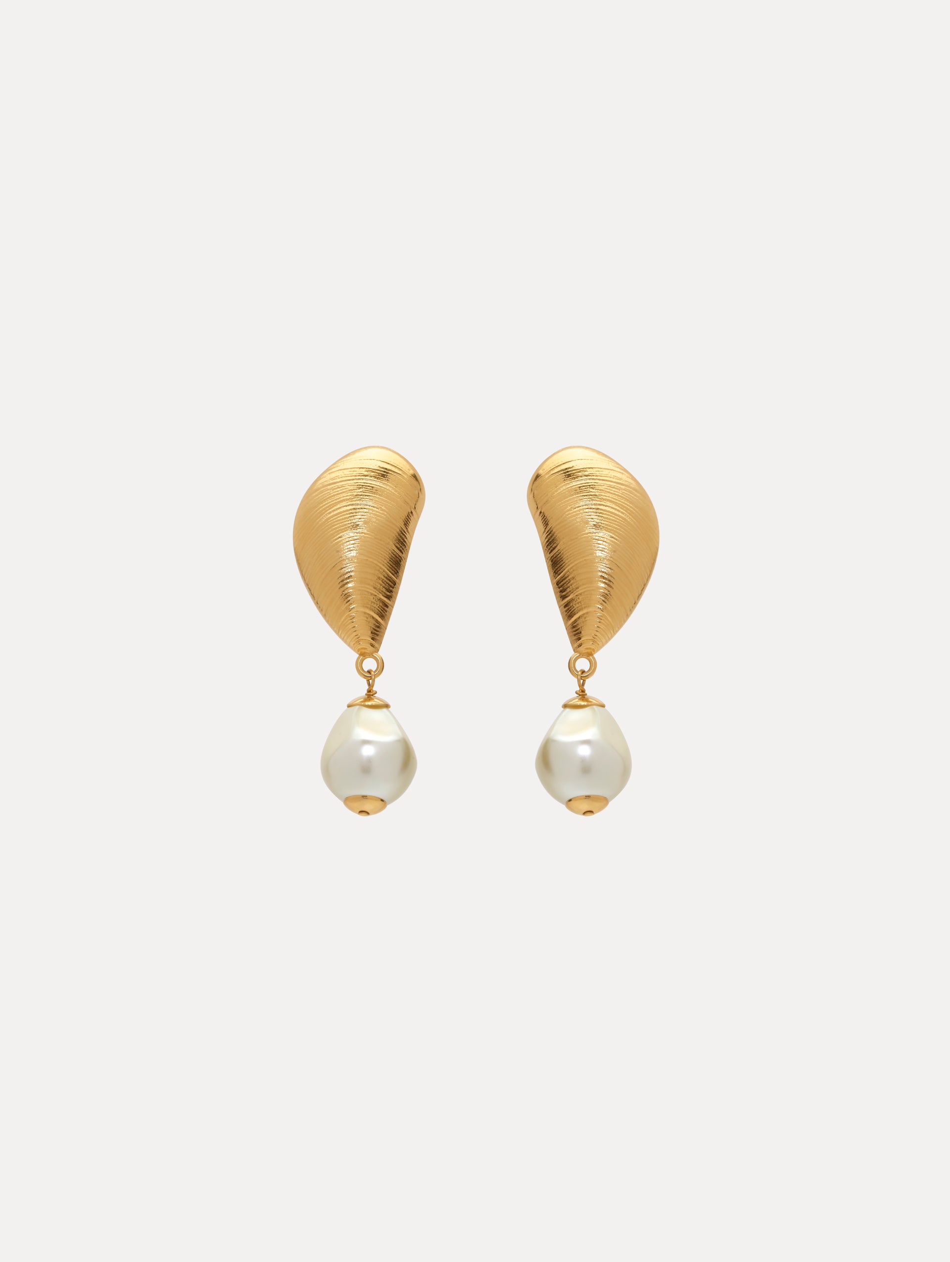 Gold Mussel Shell with Pearl Drop Clip-On Earrings. Front View.