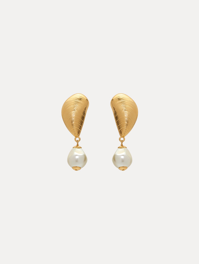 Gold Mussel Shell with Pearl Drop Clip-On Earrings. Front View.