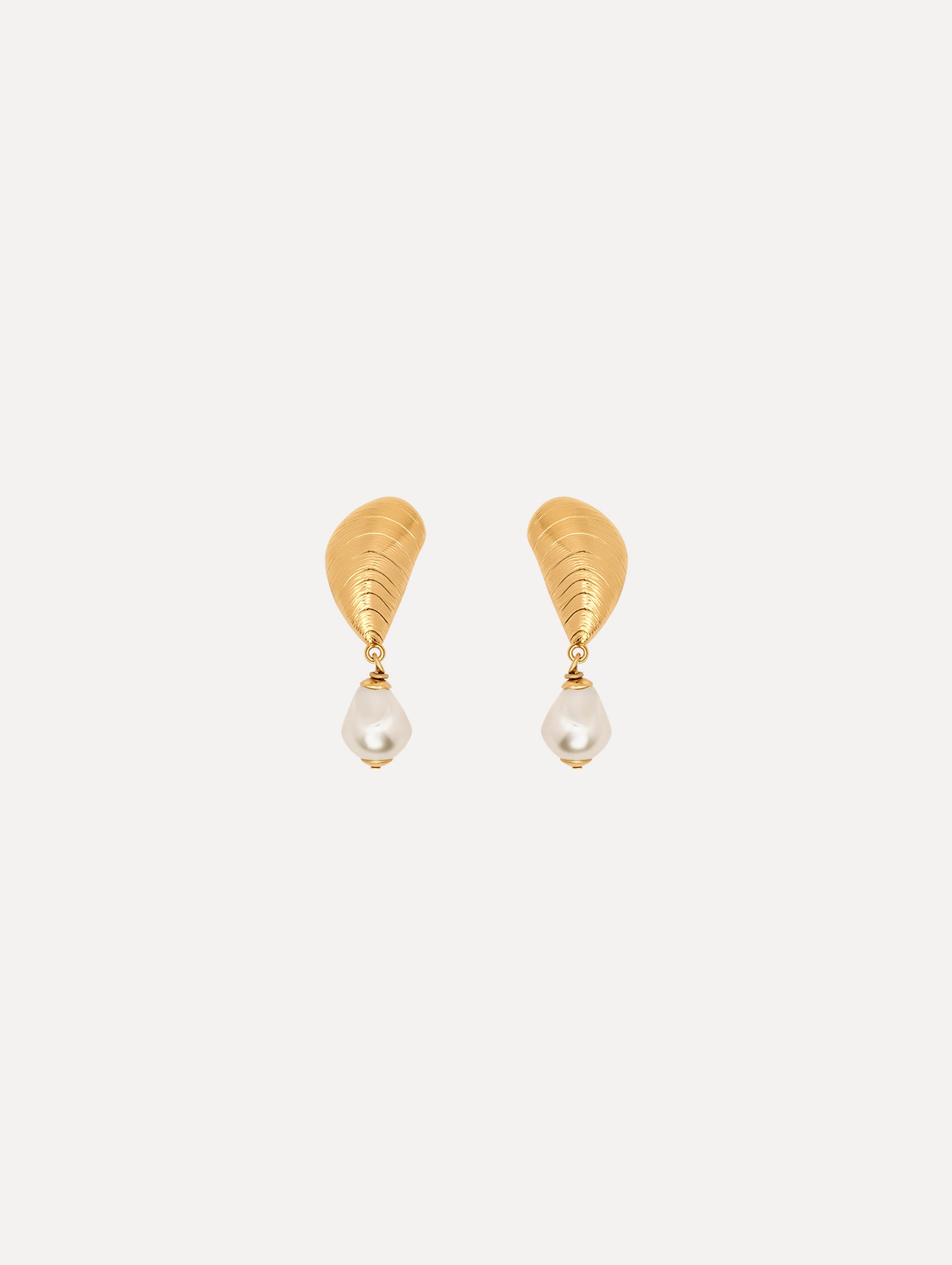 The Mussel Pearl Drop Clip-On Earrings in Gold with Pearl Accent. Front View.