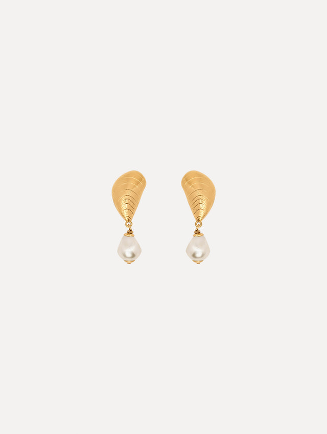 The Mussel Pearl Drop Clip-On Earrings in Gold with Pearl Accent. Front View.