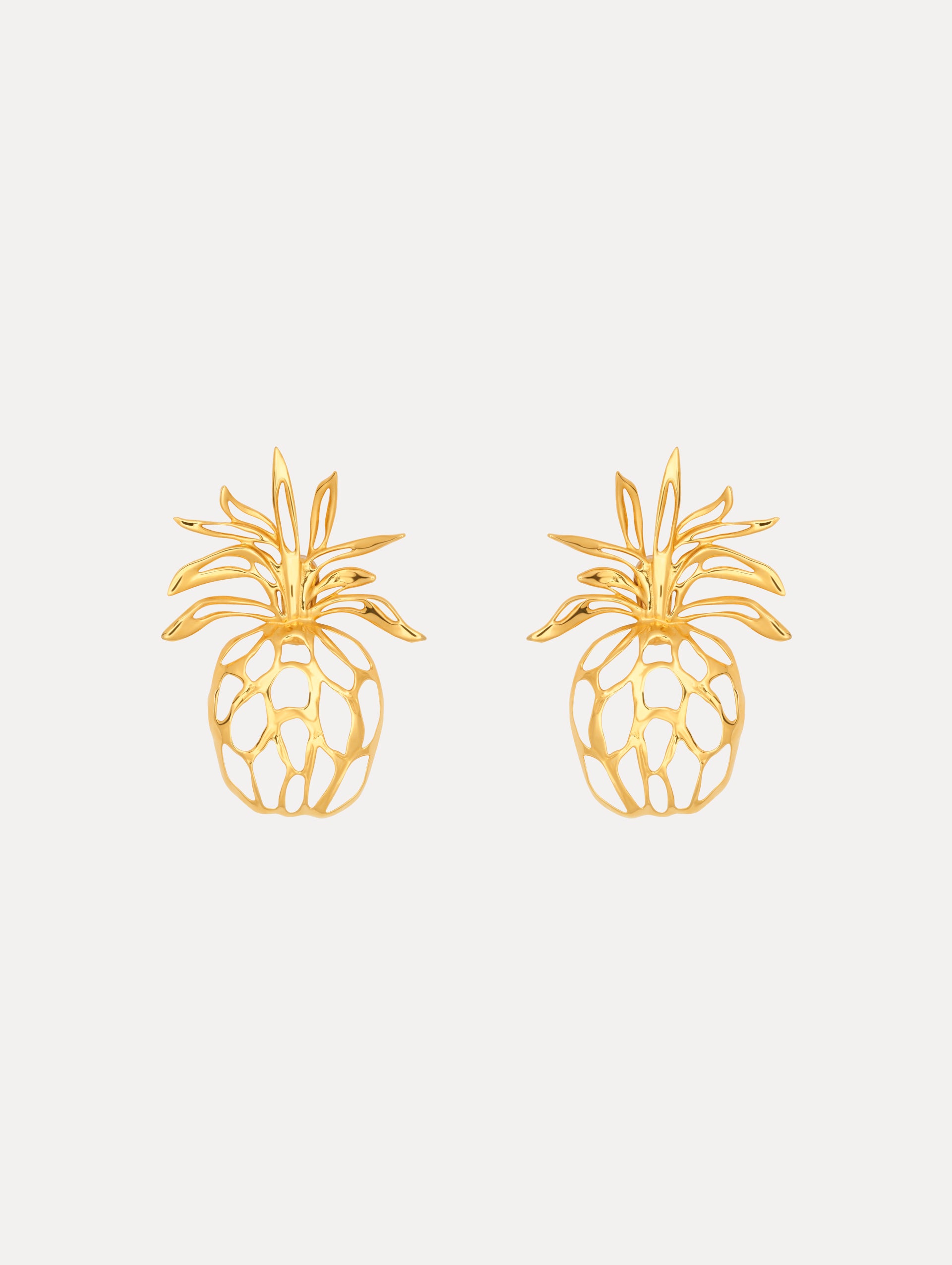 Large Gold Pineapple Cutout Clip-On Earrings. Front View.