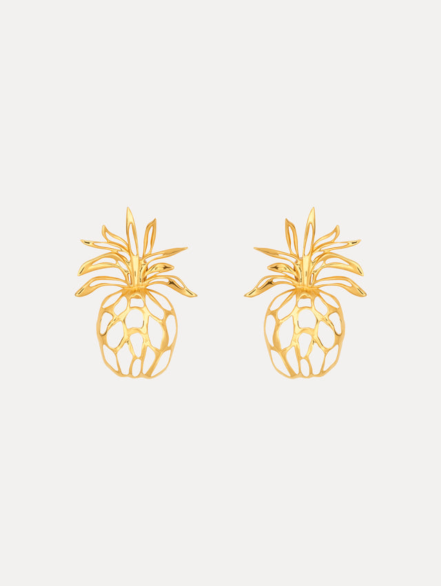 Large Gold Pineapple Cutout Clip-On Earrings. Front View.