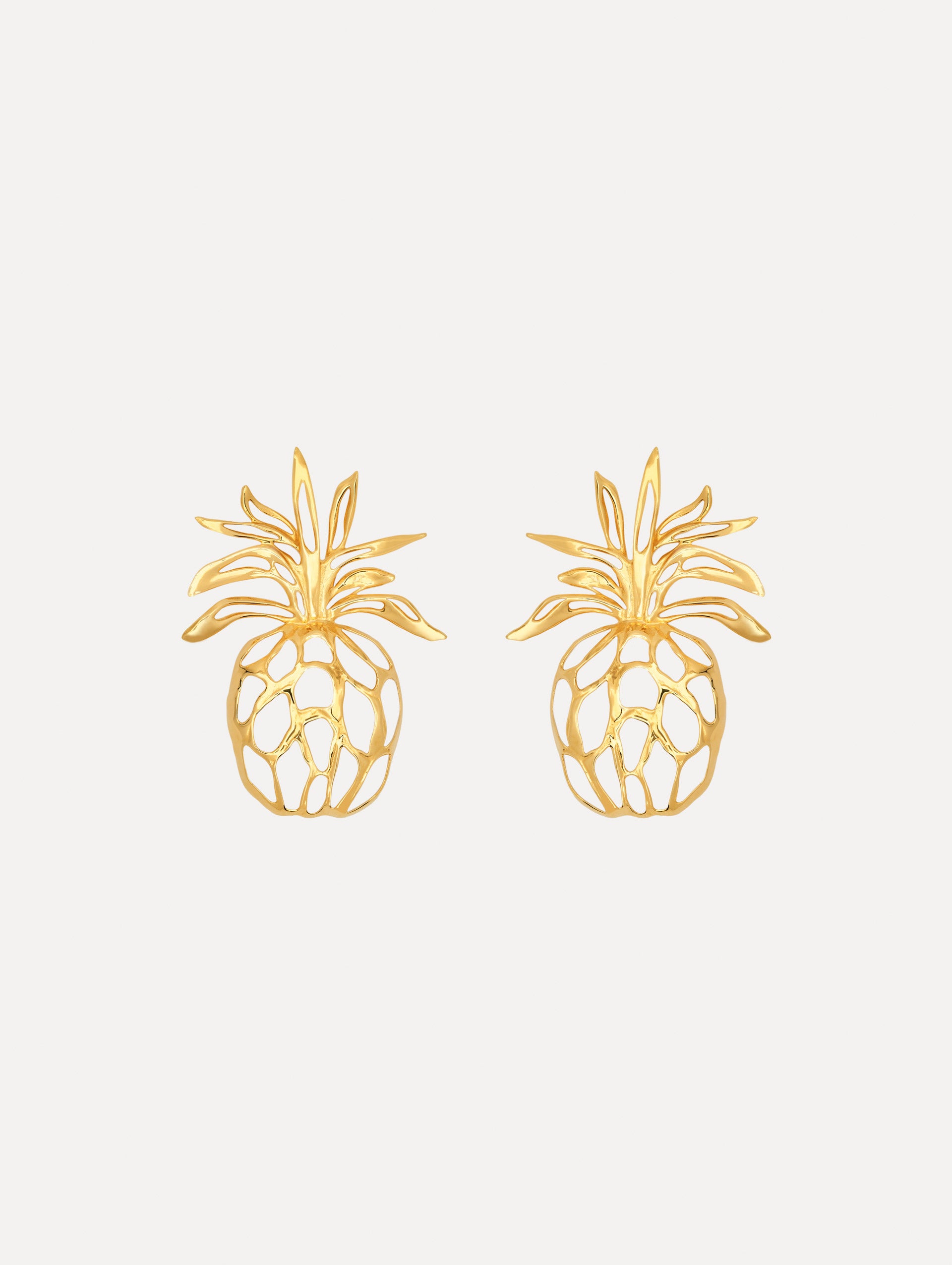 The Openwork Pineapple Clip-On Earrings. Gold Pineapple-shaped Silhouette. Front View.