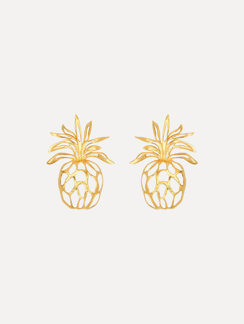 The Openwork Pineapple Clip-On Earrings. Gold Pineapple-shaped Silhouette. Front View.