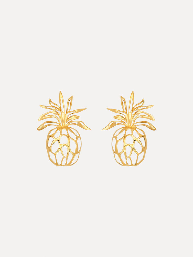 The Openwork Pineapple Clip-On Earrings. Gold Pineapple-shaped Silhouette. Front View.
