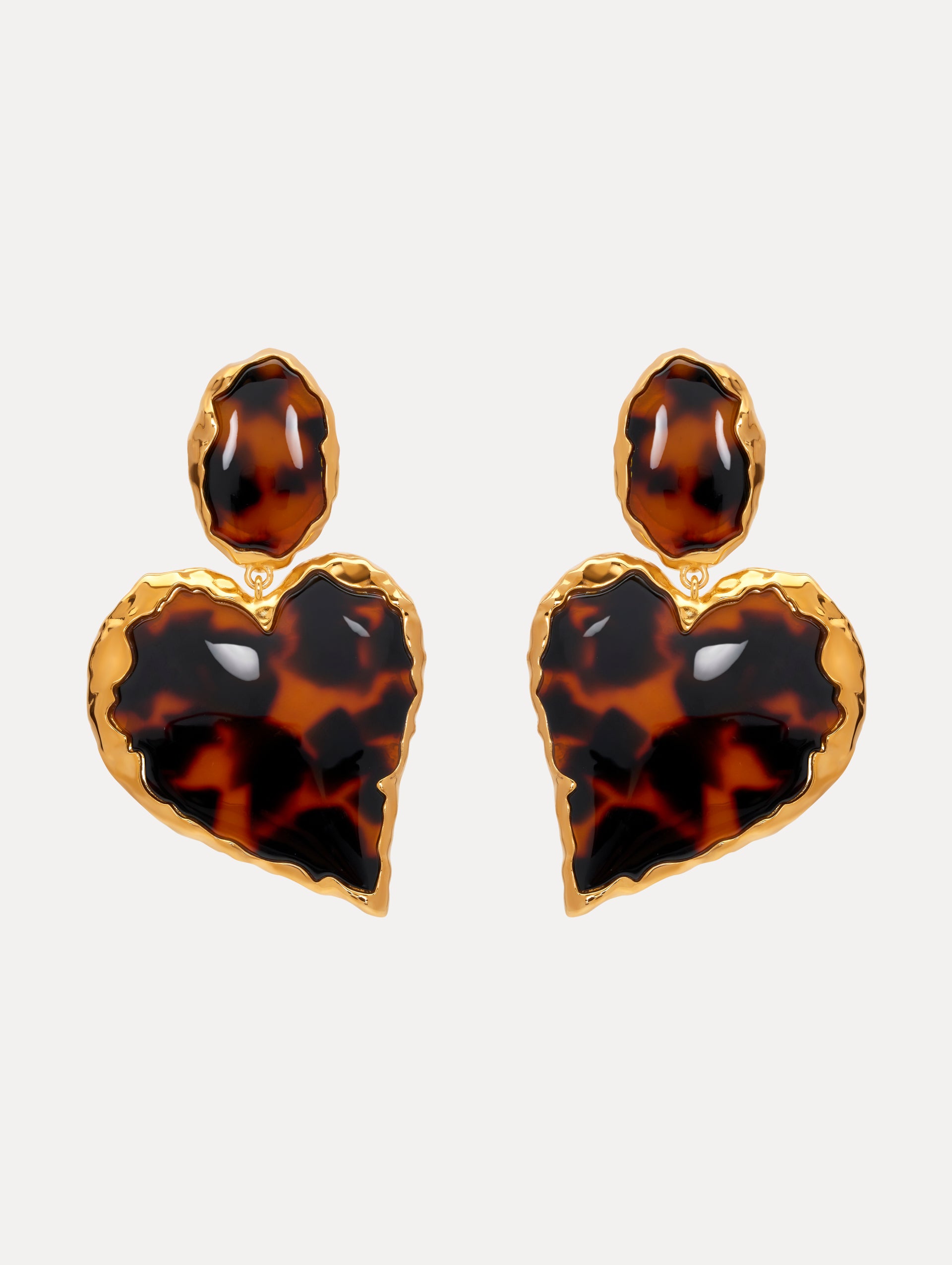 Heart Tortoise Stone Clip-On Earrings with Gold Rim. Front View.