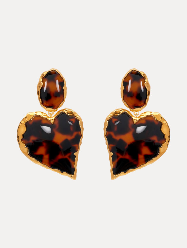 Heart Tortoise Stone Clip-On Earrings with Gold Rim. Front View.