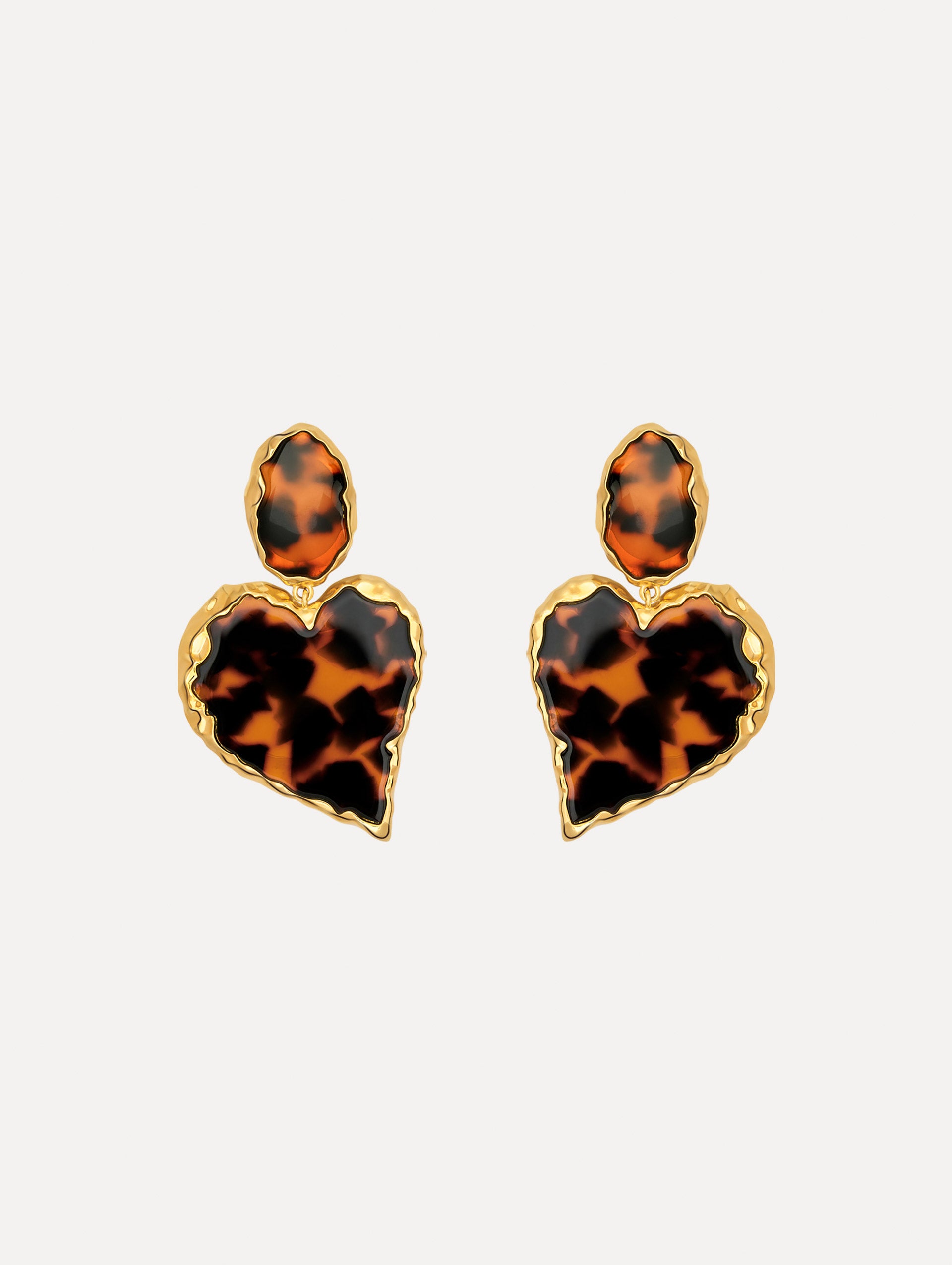 The Tortoise Stone Heart Clip-On Earrings in Gold and Tortoise. Front View.