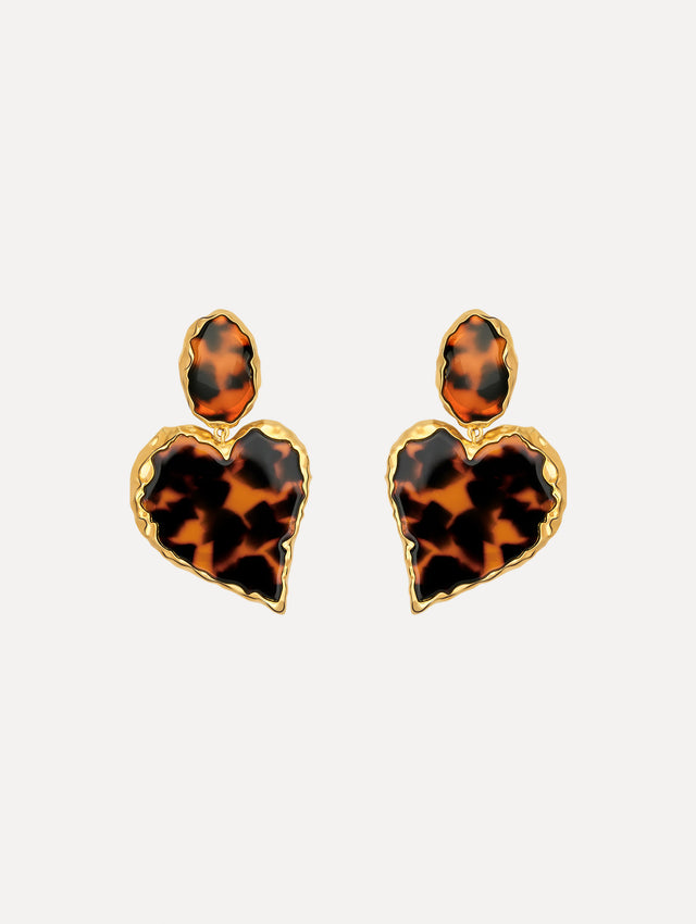 The Tortoise Stone Heart Clip-On Earrings in Gold and Tortoise. Front View.