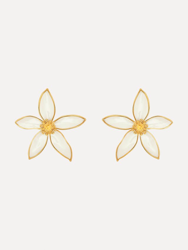 The Orange Blossom Clip-On Earrings in White. Front View.
