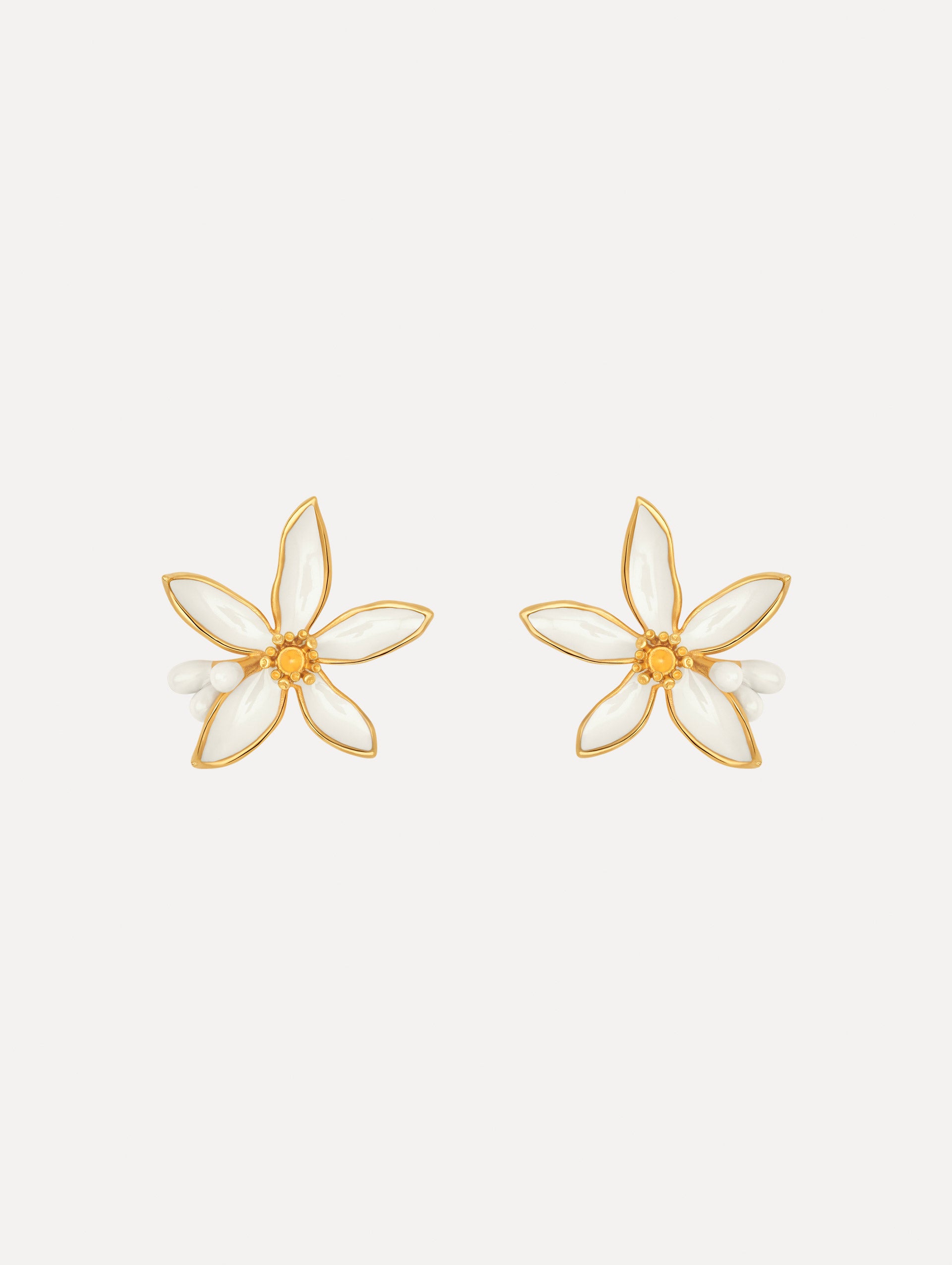 The Orange Blossom Earrings in White. Front View.