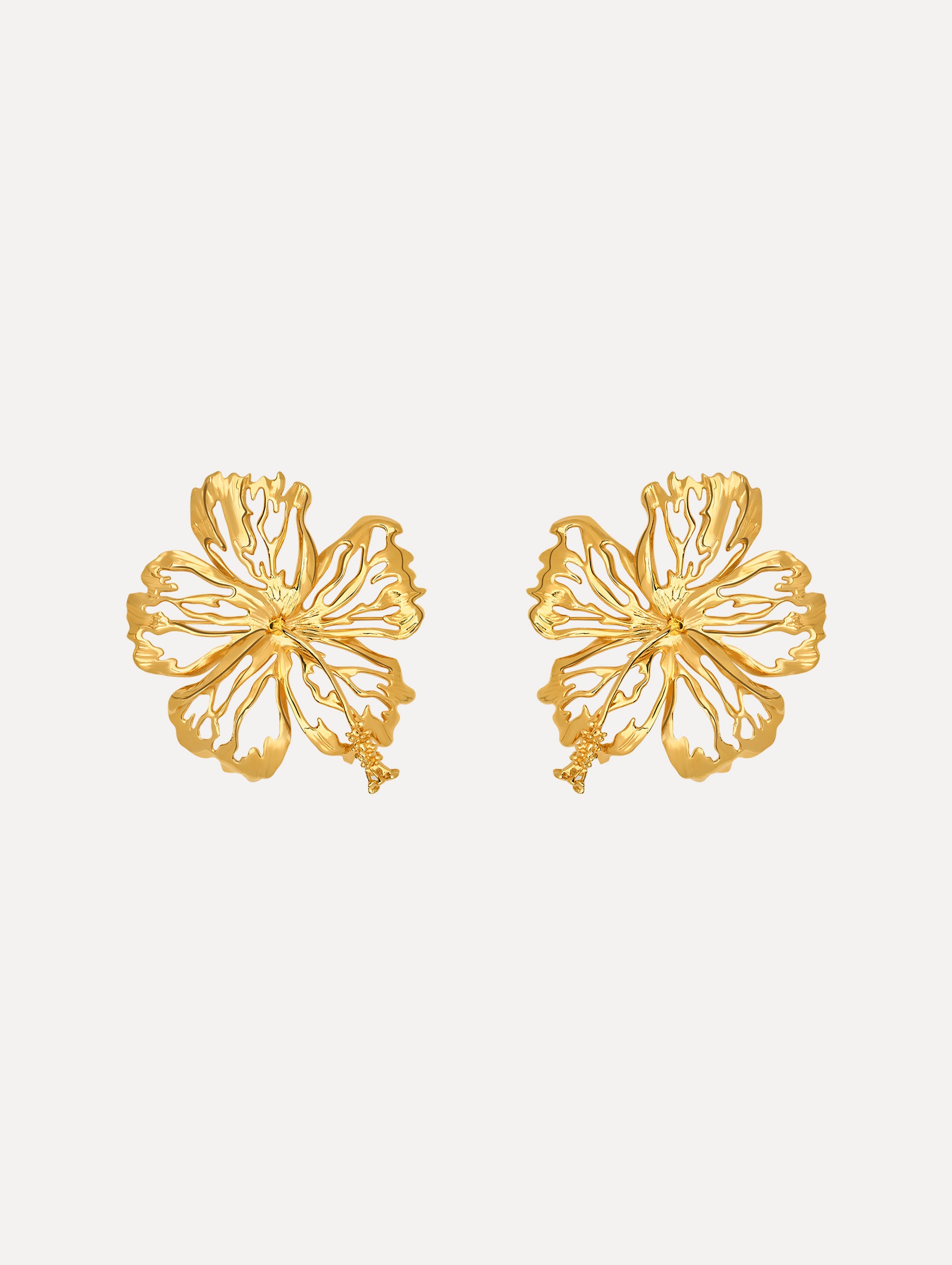 The Openwork Hibiscus Earrings in Gold. Front View.