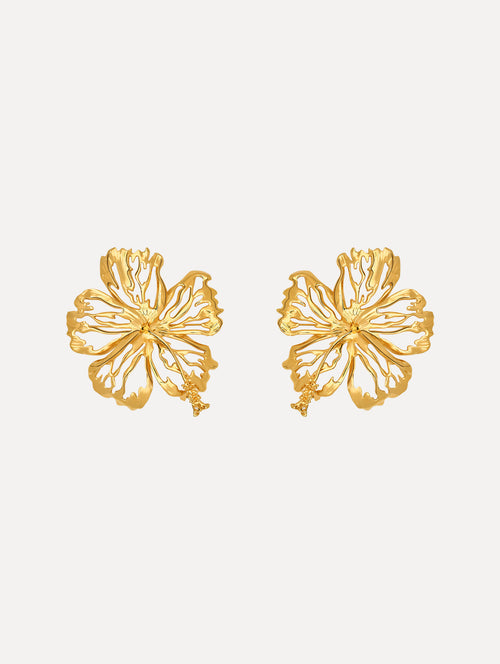 The Openwork Hibiscus Earrings in Gold. Front View.