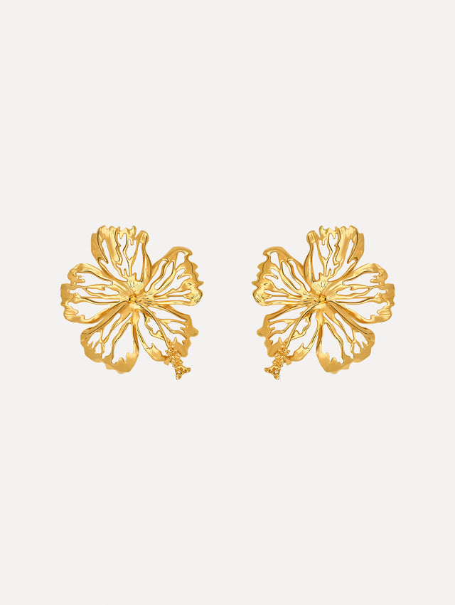 The Openwork Hibiscus Earrings in Gold. Front View.