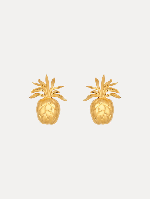 Small Gold Pineapple Clip-On Earrings. Front View.
